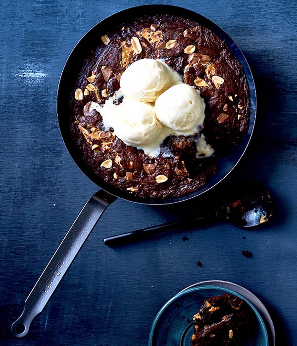 Warm chocolate and peanut butter skillet brownie
