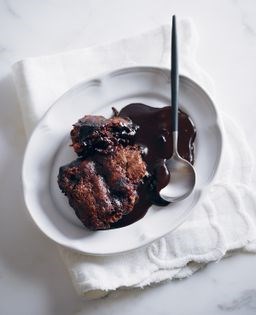 Warm chocolate cherry pudding cake