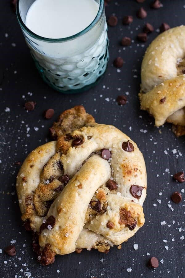 Warm chocolate chip cookie stuffed soft pretzels