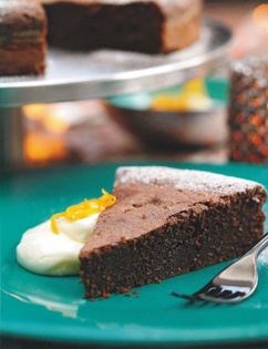 Warm chocolate cinnamon torte with orange blossom mascarpone cream