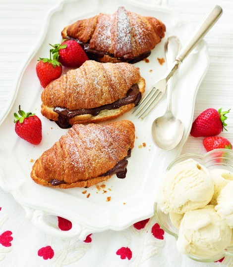 Warm chocolate croissants with ice cream