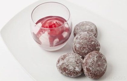 Warm chocolate doughnuts with a Damson fool