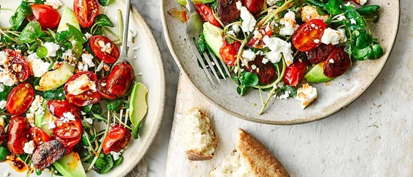 Warm chorizo, avocado and feta salad