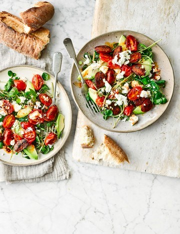 Warm chorizo, avocado and feta salad