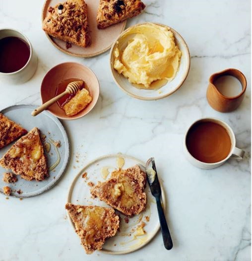 Warm cinnamon granola scones with whipped honey butter