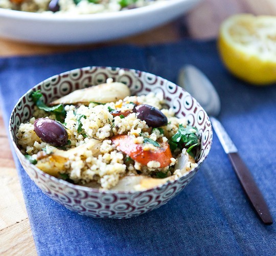 Warm citrusy millet salad with roasted fennel and kalamata olives