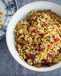 Warm corn chowder salad with bacon and cider vinegar