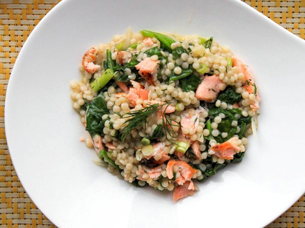 Warm couscous salad with salmon and mustard-dill dressing