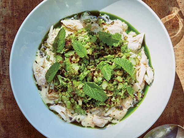 Warm crab in garlic cream with charred broccoli
