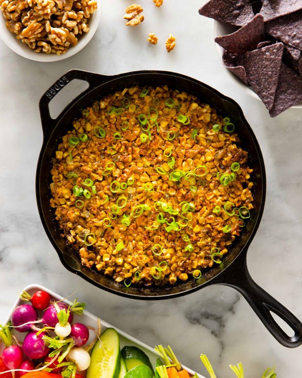 Warm creamy corn and walnut dip