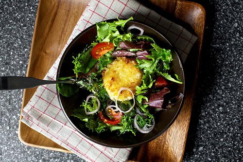 Warm, crisp and a little melty goat cheese salad croutons
