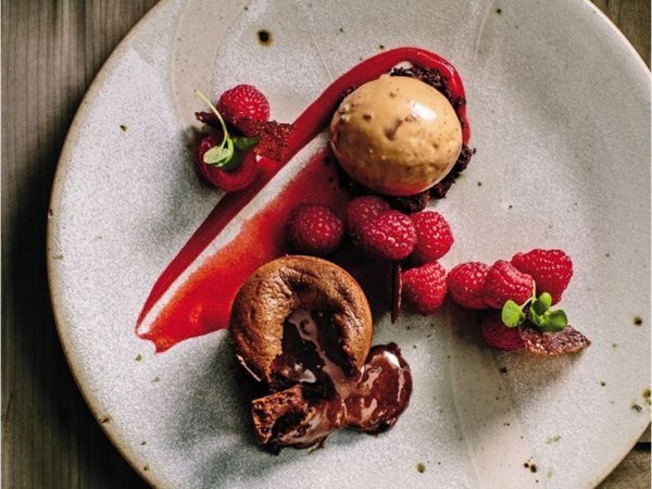 Warm dark chocolate fondant - Caramélia gelato and fresh berries