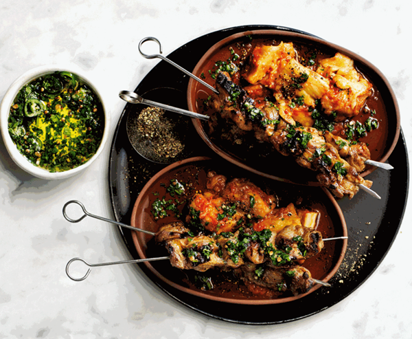 Warm eggplant zaalouk with spiced lamb skewers