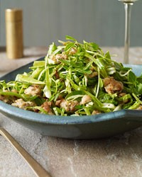 Warm escarole salad with snow peas and sausage