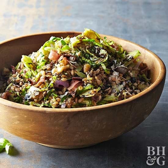 Warm farro and Brussels sprouts salad