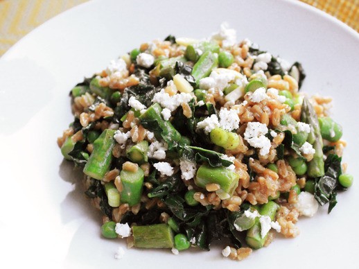Warm farro salad with asparagus, peas, and feta