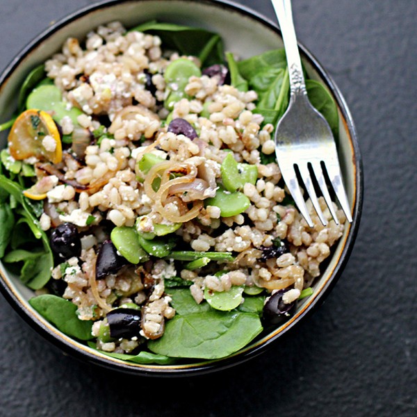 Warm fava shallot barley salad