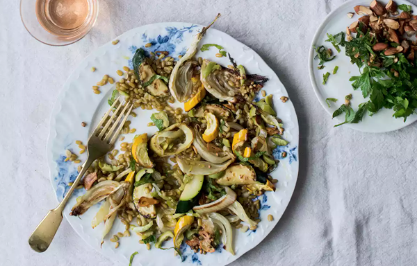 Warm fennel, green olive and herb freekeh