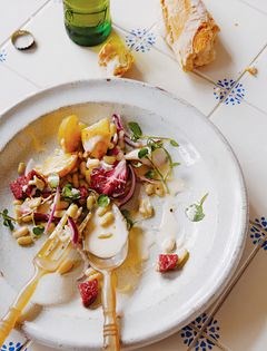 Warm flageolet bean salad with Camembert dressing