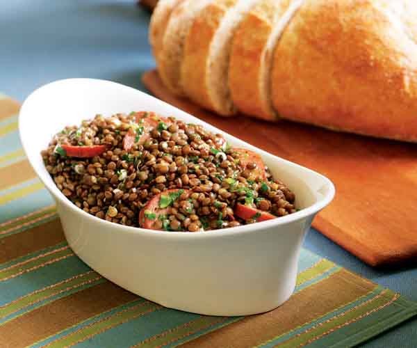 Warm French lentil salad with smoked sausage