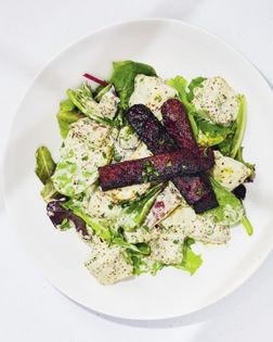 Warm German potato salad with tempeh bacon