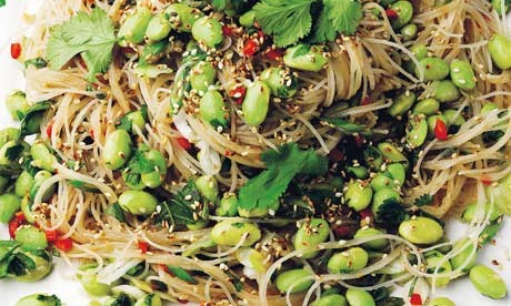 Warm glass noodles and edamame beans