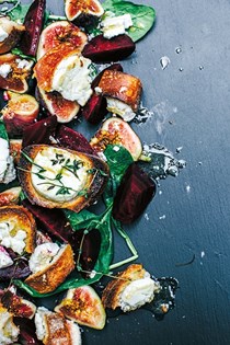Warm goat's cheese croutons with roasted beets, figs and apple-mustard dressing
