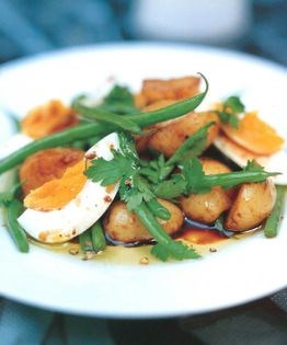Warm green bean, egg and potato salad with Parmesan dressing