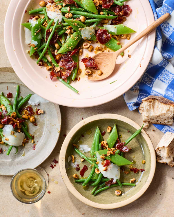 Warm green bean salad with crispy jamón and mahón