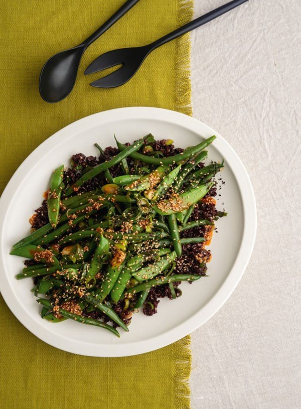 Warm green bean, sugar snap and black rice salad