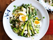 Warm green salad with soft eggs and hazelnut dressing