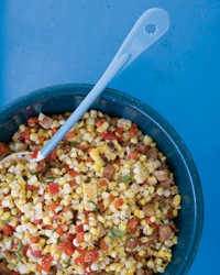 Warm grilled corn with pancetta and red pepper