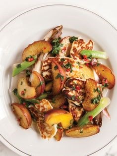 Warm halloumi and peach salad