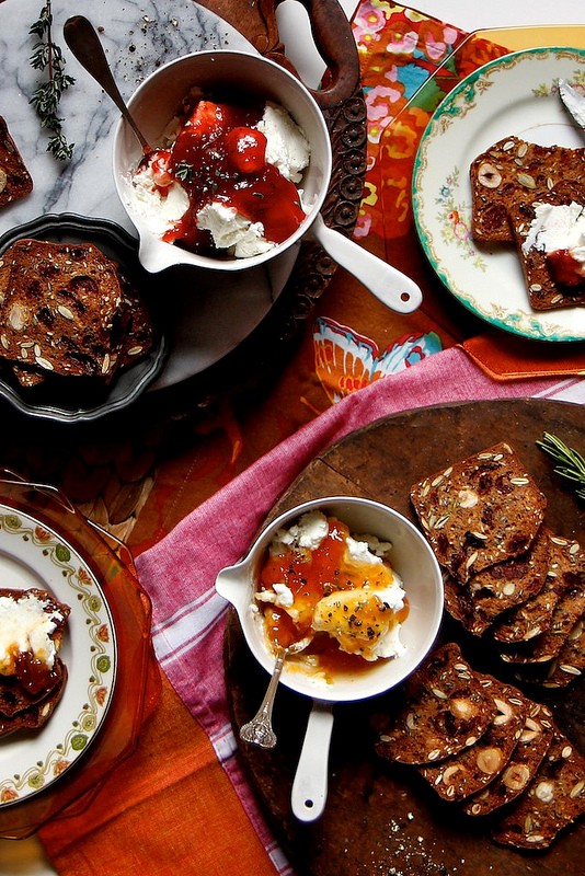 Warm herb and jam goat cheese spread