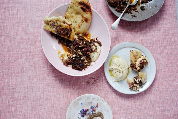 Warm hummus with cumin-fried lamb