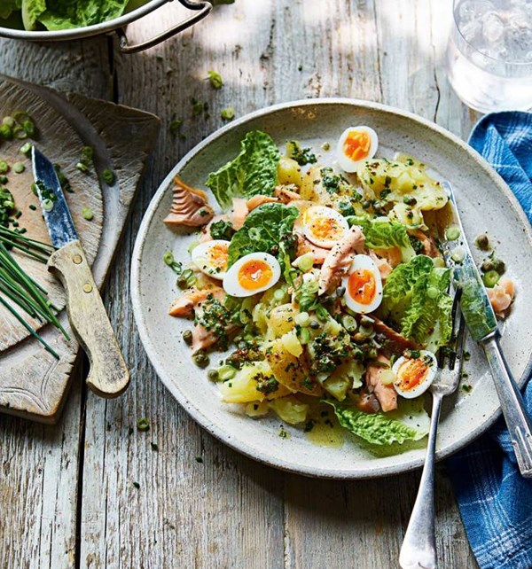 Warm Jersey Royal salad with hot-smoked trout and herby vinaigrette