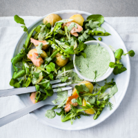 Warm Jersey Royal, smoked trout and watercress salad