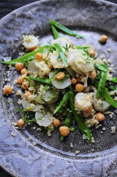Warm Jerusalem artichoke, quinoa and mangetout salad