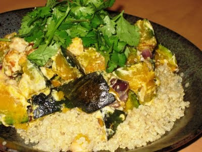 Warm kabocha and chickpea salad with tahini dressing
