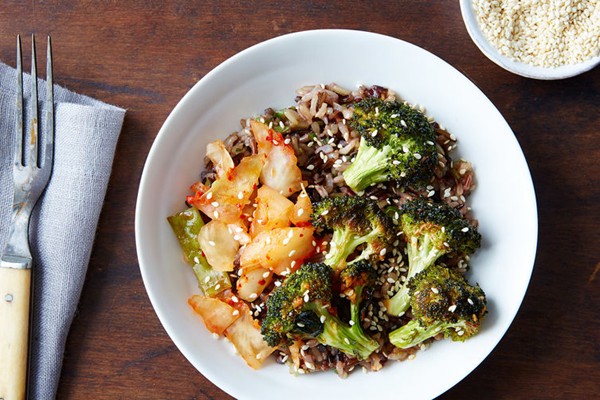 Warm kimchi rice bowl with spicy broccoli and sesame-scallion wild rice