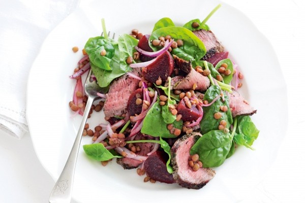 Warm lamb, beetroot & lentil salad