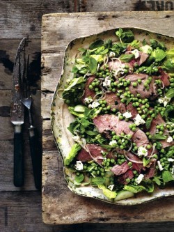Warm lamb salad with a pea, mint and feta cheese dressing