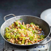 Warm leek and white bean salad with mustard dressing