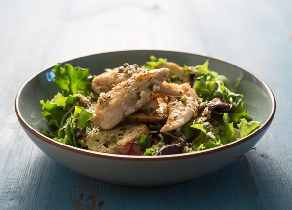 Warm lemon and rosemary chicken salad with a shallot and caper dressing