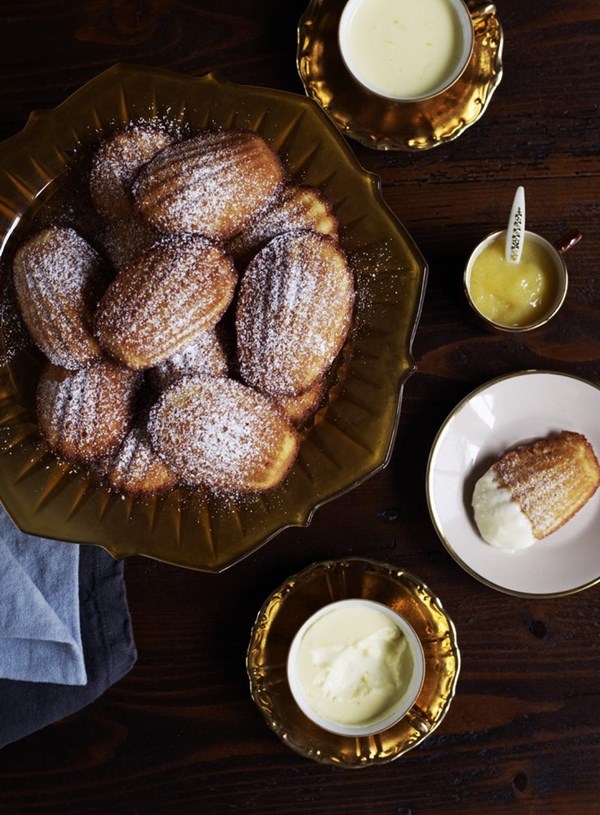 Warm lemon madeleines with lemon posset and lemon curd
