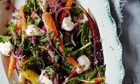 Warm lentil and baby carrot salad with labne