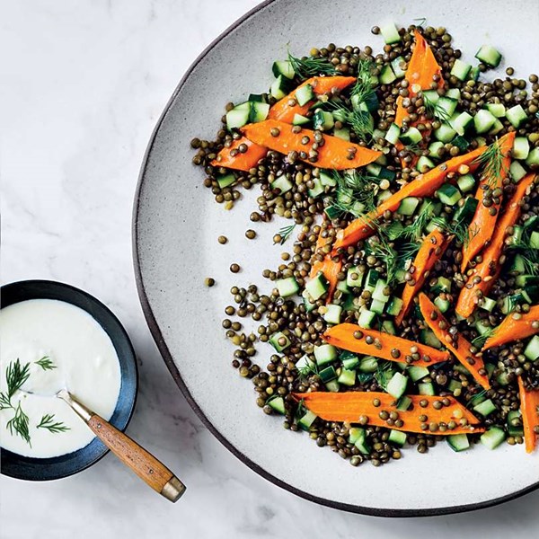 Warm lentil and carrot salad with feta dressing