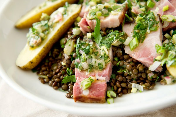 Warm lentil and smoked pork belly salad