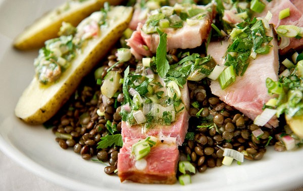 Warm lentil and smoked pork belly salad
