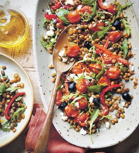 Warm lentil salad with roast cherry tomatoes & red pepper